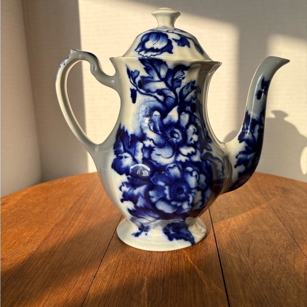S.O. Meakin England Ironstone Flow Blue Floral Teapot.